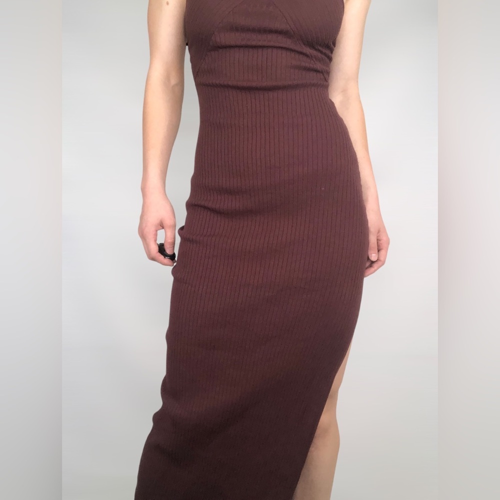 MESHKI Halter Ribbed Side Slit Maxi Bodycon‎ Brown Dress Size S - Picture 5 of 7